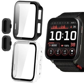 Compatible for Garmin Venu X1 Case, Lamshaw Hard PC Case with Tempered Glass Screen Protector with Silicone Dust Plug Compatible with Garmin Venu X1 Smartwatch (Black+Clear)