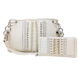 Concealed Carry Hobo Double Flat Strap Purse Stud & Rhinestone Accents & Matching Wallet (White)