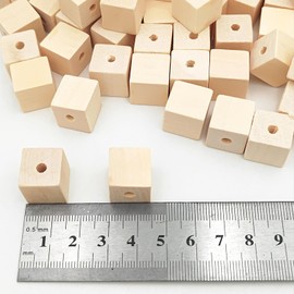 Wooden Cubes with Holes 1.5cm/100pcs, Unfinished Square Wood Beads Blocks Natural Blank Wood Cubes for DIY Craft