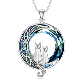 TOUPOP Silver and Silver Cats Necklace Cat Gifts for Cat Lovers Two Cats Necklace 925 Sterling Silver Cats on the Moon Necklace Celtic Jewelry