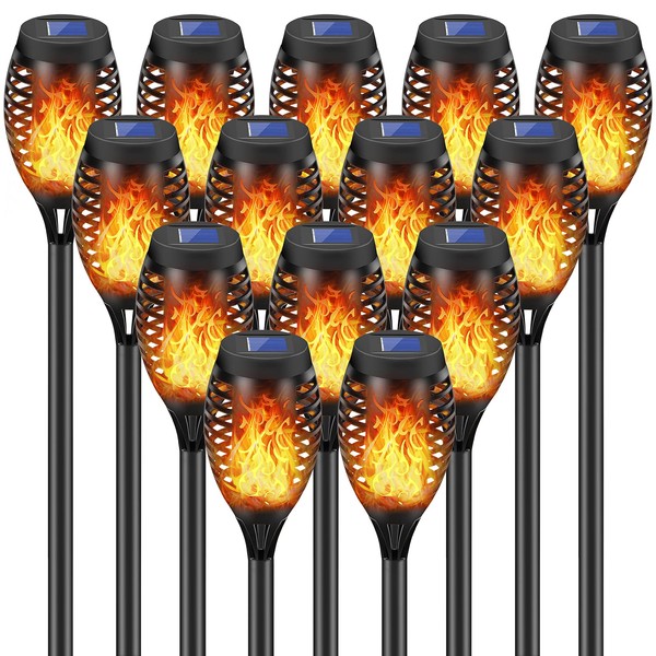 New Huing 14 Pack Solar Torches with Flickering Flames, 12LED Tiki Torch Solar Lights Waterproof Outdoor Mini Solar Torch Lights for Garden, Patio, Yard, Pathway and Christmas Decoration