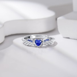 EUSJ 925 Sterling Silver Angel Wing Heart Ring for Women High Polish Angel Memorial Ring with BLue Sapphire Gemstone Birthstone Promise Ring Colored Zirconia Mothers Day Jewelry Christmas Gifts