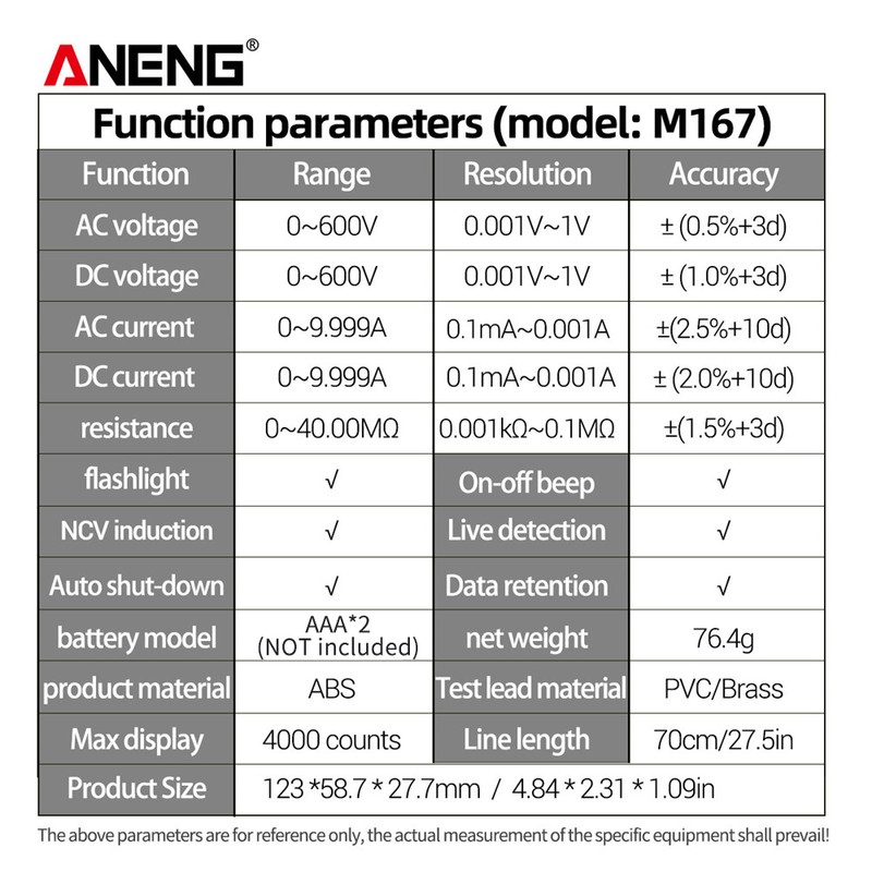 ANENG M167 Smart Digital Multimeter Auto Recognition 4000 Counts Voltmeter