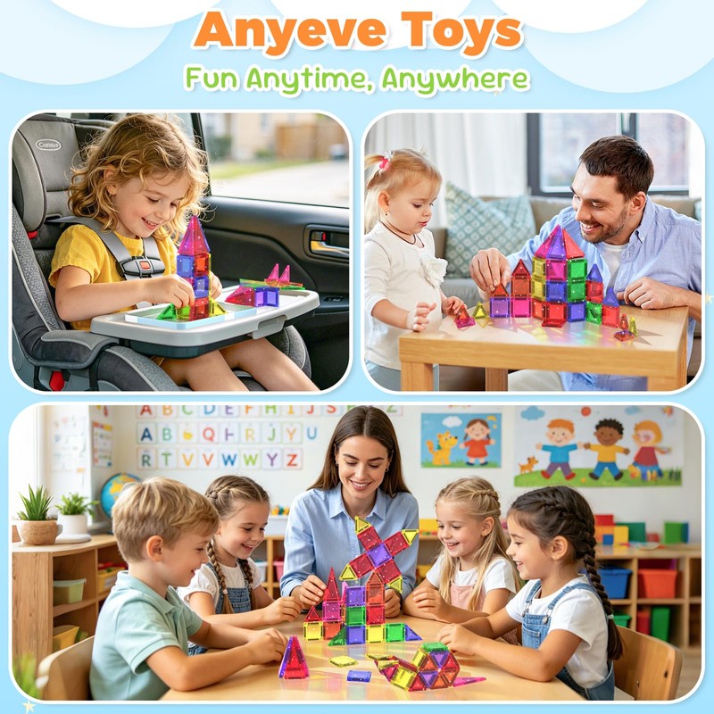 Anyeve 46PCS Glitter Mini Magnetic Tiles Travel Set with Storage