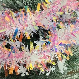 Christmas Snowflake Tinsel Garland, 32.8ft Iridescent Shinny Metallic Tinsel Twist Garland for Christmas Tree Stairs Fireplace Ceiling Hanging Decoration Wedding Birthday Party Supplies (Pink)
