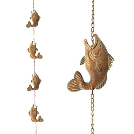 Glitzhome 8.5ft Rain Chain for Gutters 9-Piece Faux Copper Patina Finish Fish Shaped Catcher Replacement for Downpout