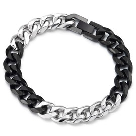 COOLSTEELANDBEYOND Mens Stainless Steel Silver Black Two-tone Curb Chain, Bold Cuban Link Bangle Bracelet, Polished