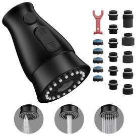 ARRISEA Pull Down Spray Head Replacement - for Kitchen Faucet Sprayer Head with with Five Tap Aerator & 10 Types Adapter, 3 Function ABS Plastic Black Spray Nozzle