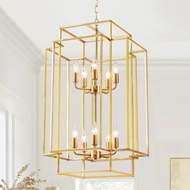 Xuridongsheng 10-Light Lantern Tiered Pendant Light Fixtures，Gold Farmhouse Chandelier High Ceiling，Large Pendant Light for Foyer Entry Staircase Kitchen Island Dining Room
