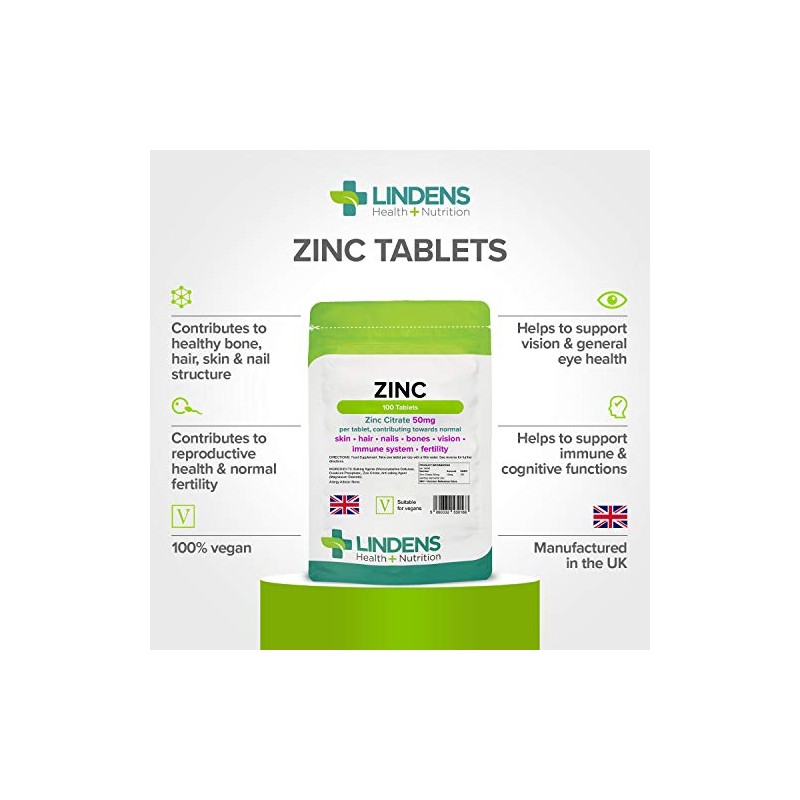 Lindens Zinc Citrate 50mg - 100 Vegan Tablets - Immune