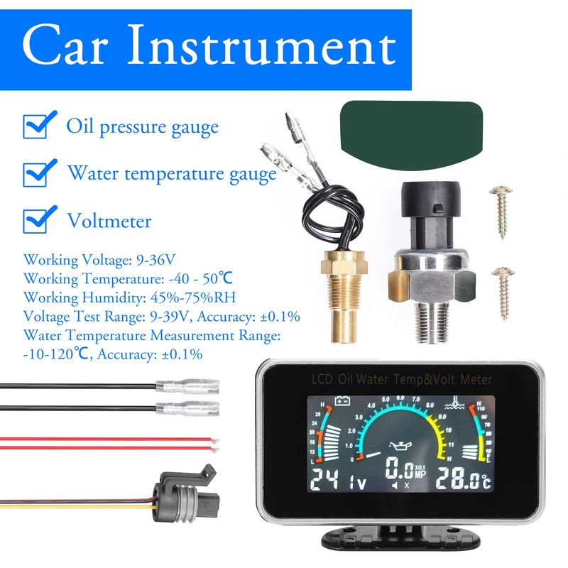 Domary 3-in-1 Car LCD Meter Digital Oil Pressure Voltage Water