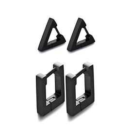 2 Pairs Minimalist Stainless Steel Geometric Hoop Earrings Dainty Small Punk Gold Tone Rectangle Triangle Huggie Hoop Earrings for Men Women-black
