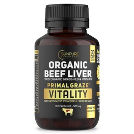 Organic Grass-Fed Beef Liver Capsules 2000mg | MTHFR-Friendly, Bovaer-Free – Natural Source of Bioavailable B12, Folate & Heme Iron | 120 PIlls | Primal Graze® by Sunpure Superfoods