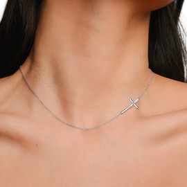 EleQueen 925 Sterling Silver Sideways Cross Pendant Choker Necklace Christian Jewelry Gifts for Mother Women Girls (Sideways Cross Necklace), Valentine's Day/Mother's Day/Christmas Jewelry Gift for Wife/Mom