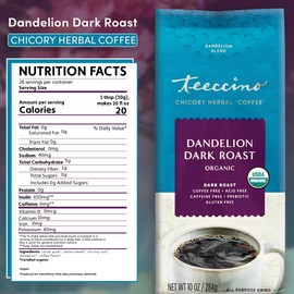 Teeccino Dandelion Dark Roast Herbal Coffee - 10 oz - Caffeine-Free Coffee Alternative with Prebiotics, Gluten Free, Acid Free, Organic