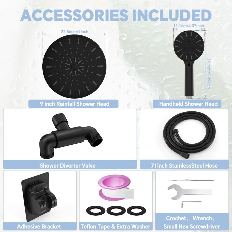 9 In Rain Shower Head with Handheld Wand, High Pressure