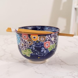 Hinomaru Collection Quality Japanese Ramen Udon Noodle Bowl with Chopsticks Bowl Set 5 Inch Diameter (Flower Mix)