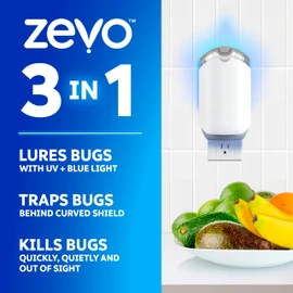 Zevo Flying Insect Trap for Fruit Flies & Gnats, 1 Base & 3 Refills | Fly Trap Catches House Flies, Gnats & Fruit Flies 24/7, Spray-Free, Odor-Free, Blue & UV Light, Safe for Kids & Pets*