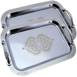 Maro Megastore (Pack of 2) 13.3 Inch x 9.4 Inch Oblong Chrome Plated Serving Tray with Handles Mirror Iron Gold Floral Engraved Decorative Party Wedding Buffet Wine Decor Platter Plate Base CC-501
