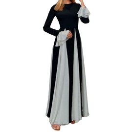 Kwunbwa Wedding Guest Dresses for Women Elegant Long Sleeve Patchwork Pleated Swing Long Dress Formal Maxi Dress
