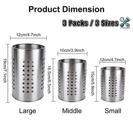 ZOFUN 3 Pcs Utensil Holders for Kitchen, 3 Sizes (S/M/L) Stainless Steel Cutlery Holder Set, Hollow Utensil Drainers Easy to Clean, Multi-function Cutlery Drainer for Kitchen Cupboard and Counters