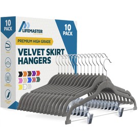 Lifemaster Velvet Skirt Hangers – with Adjustable Clips, 360 Degree Swivel Hook, and Non-Slip Shoulder Notch, Holds Up to 10 lbs, for Organizing Skirt, Pants, Dress, and Clothes, Pack of 10, Gray