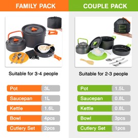Camp Cookware Set, MEETSUN 18 Pcs Camping Cookware 3L Camping Pot 4 Person High Capacity Camping Gear and Equipment with Camping Coffee Pot Chopping Board Folding Knife and Fork Set for Outdoor Picnic
