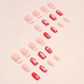 24pcs Christmas Press On Nails Medium Coffin, Xmas Fake Nails, Stick On Nails White French Tip, Christmas Red False Nails With Snowflake Elk Design For Women Girls(French Xmas Coffin)