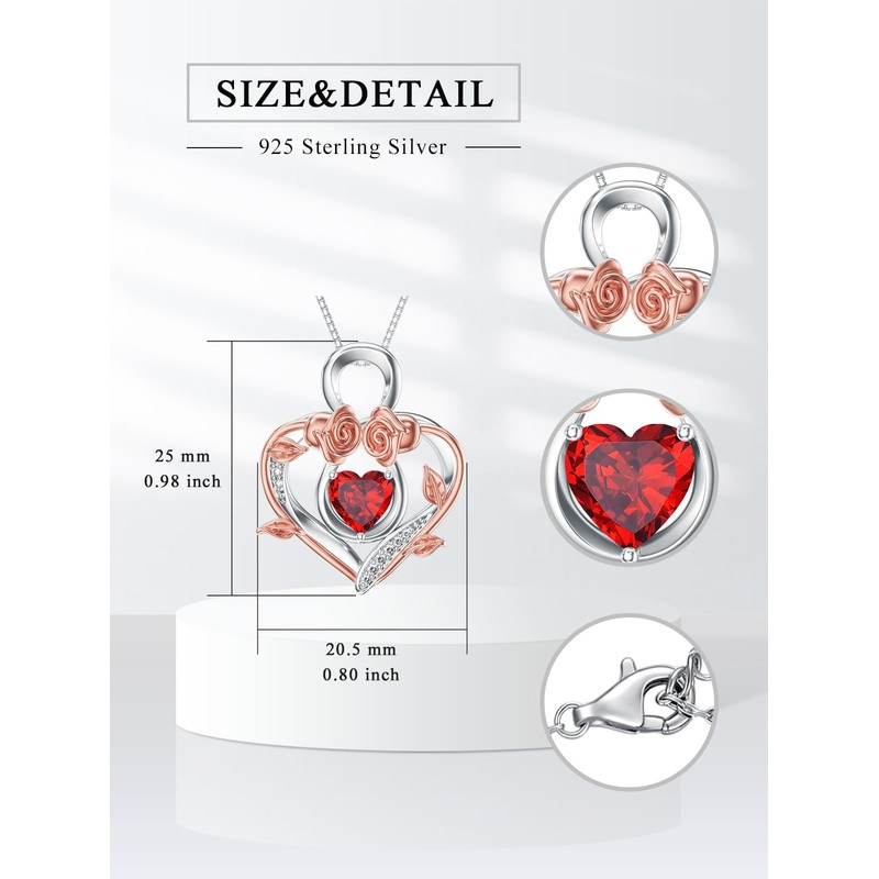Dorunmo Infinity Heart Necklace 925 Sterling Silver Red Garnet Rose