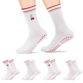Dzpuhuojz Cute Pilates Grip Socks, Non-Slip Yoga Socks for Women, Balle Barre Yoga Grippy Dance Sport Socks with Embroidery Pattern, 4 Pairs