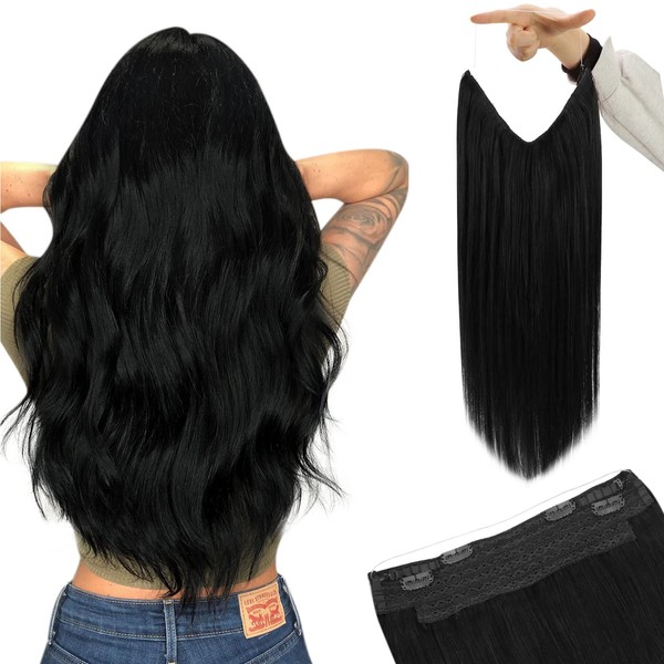 YoungSee Wire Hair Extensions Human Hair Jet Black Invisible Fish Line Real Hair Extensions Black Remy Hair Extensions Hair Piece Straight Wire Real Human Hair Extensions 80G 16Inch