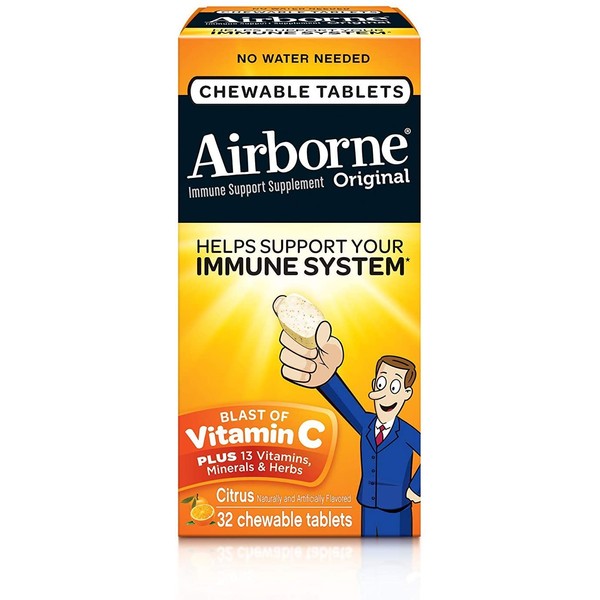 Airborne Citrus Chewable Tablets, 32 count - 1000mg of Vitamin C - Immune Support Supplement (Packaging May Vary) ( Pack of 2)