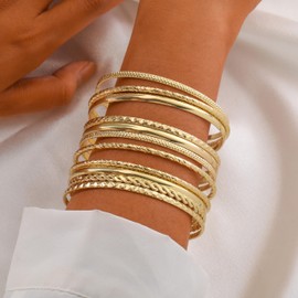 FROLOVER Fashion 18K Gold Plated Bangle Bracelets for Women Multi Layer Charm Indian Cuff Bracelet Stack Elegance Non Tarnish Minimalist Textured Adjustable Bracelet Set for Women Jewelry Gift