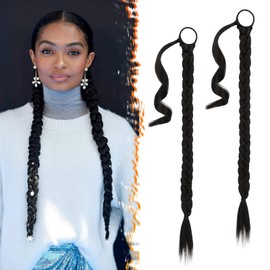 BARSDAR 2PCs 30 Inch Long Braided Ponytail Extension with Hair Tie - Straight Sleek Wrap Around Black Braided Ponytail Hair Extensions - Synthetic Pony Tails Hairpieces for Women - Natural Black