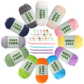 Pack of 12 Crochet Yarn for Beginners, Multicoloured Simple Knitting Yarn for Crochet, Knitting with Highly Visible Meshes, Coarse Thick Voluminous Soft Cotton Yarn with Crochet Accessories for