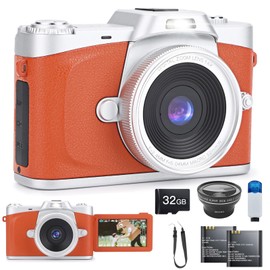 Moledro デジタルカメラ 4K デジカメ 6800万画素 180度回転可能ディスプレイ 広角レンズ付属 32GBマイクロSDカード付き 16倍デジタルズーム オートフォーカス機能 手振れ補正 ウェブカメラ 自撮り便利 3インチ大画面 バッテリー2枚 コンパクト レトロカメラ OTGカードリーダー付き（ブラウン）