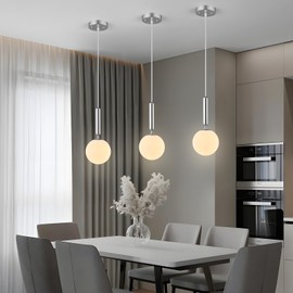 FDPBY Modern Hanging Light Fixture Pendant Lighting for Kitchen Island Mid Century Chrome Pendant Lights with Globe Milky White Glass Pendant Light for Bedroom Bathroom Entryway (1 Pack)