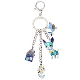 BONSNY Cadena de aleación esmaltada, llavero de perro chihuahua para mujer, bolso de mano, abalorios, regalos, Azul, Mediano