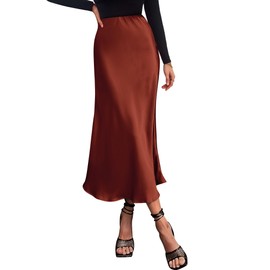 BTFBM 2025 Womens Summer Fall Long Satin Skirt Silk Elegant High Waist Cocktail Party Wedding Flowy A-Line Midi Skirts(Brown, Small)
