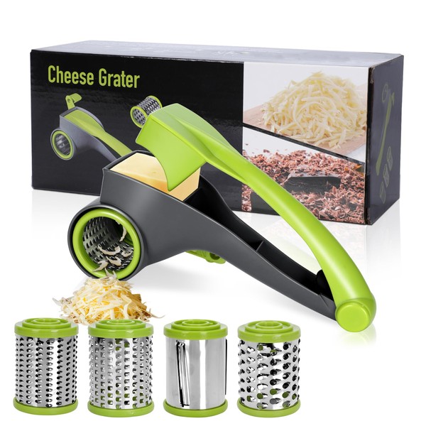 Masthome Rotary Cheese Grater, Kitchen Rotary Graters with 3 Blades & Handle, Multifunction Vegetable Cutter Slicer for Cheese - Green & White