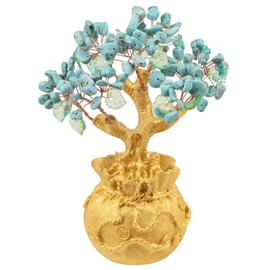 Nupuyai Howlite Turquoise Crystal Money Tree with Money Bag Base for Wealth Luck, Healing Stone Feng Shui Tree Bonsai Tree Decoration for Home Office