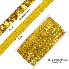 YXJDWEI Edging Lace with Sequins Lace Trim Ribbon Appliqué 13 m x 1.5 cm for DIY Clothing Curtain Table Runner Decoration (Gold)