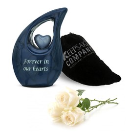 KEEPSAKE COMPANY White Teardrop Small Urns for Human Ashes/Mini Urn with Sky Blue Heart/Cremation Keepsakes for Ashes/Ash Holders (Blue - Sky Blue, Extra Small - EXS (3 Cu in))