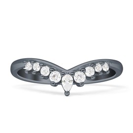 OMRANII Black Tone Cubic Zirconia Size-7 Stacking Band Contour Curved Crown V-Band Vintage Art Deco Pear Teardrop 8mm Band Milgrain Ring Round Solid 925 Sterling Silver