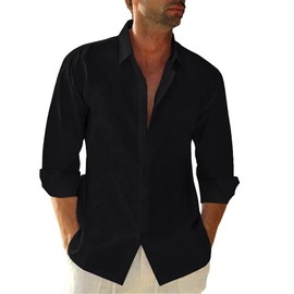Button Down Linen Shirts for Men Casual Long Sleeve Regular Fit Cotton Beach Shirts with Pocket