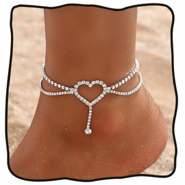JEYNIREANG Heart Rhinestone Anklets for Women Rhinestone Heart Pendant Ankle Bracelets Tennis Anklet for Women Adjustable Heart Jewelry (Silver style)