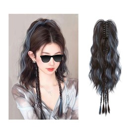 MIUPOO Womens Braided Hairpiece with Claw Clip,Fountain Ponytail Claw Clip,Boxing Braids Hair,Womens Wigs Long Hair,Colorful Highlights High Ponytail,Blue