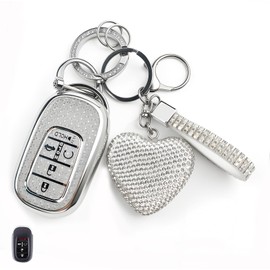 Nomiyo Key Fob Cover with Diamond Bling Keychain for Women, Car Key Holder Compatible with Honda 2022 2023 2024 2025, TPU Key Case and Elegant Heart Key Chain (Silver, 1PCS)
