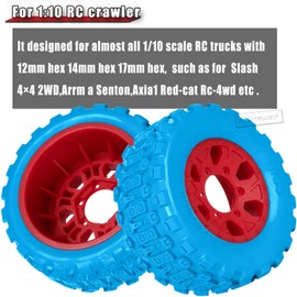 RCarmumb RC 1/10 Short Course Tires with 12MM 14MM 17MM Hex Compatible with Arrm a Senton,Axia1,Slash 2WD/4×4 4WD,Red cat, RC 4WD,Heavy Duty High Grip Rubber Tires w/Plastic Wheels,Blue&Red