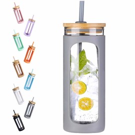 Kodrine 20oz Glass Water Tumble with Straw and Lid,Bamboo Lids Water Bottle, Iced Coffee Cup Reusable, Wide Mouth Smoothie Cups, Straw Silicone Protective Sleeve BPA FREE-Grey